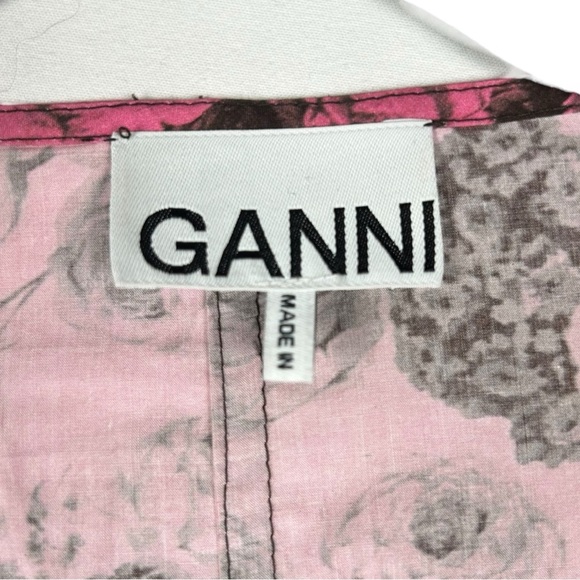 GANNI Rose Print Organic Cotton Pink & Black Rose Print Wrap Dress Size 6 - Picture 8 of 10